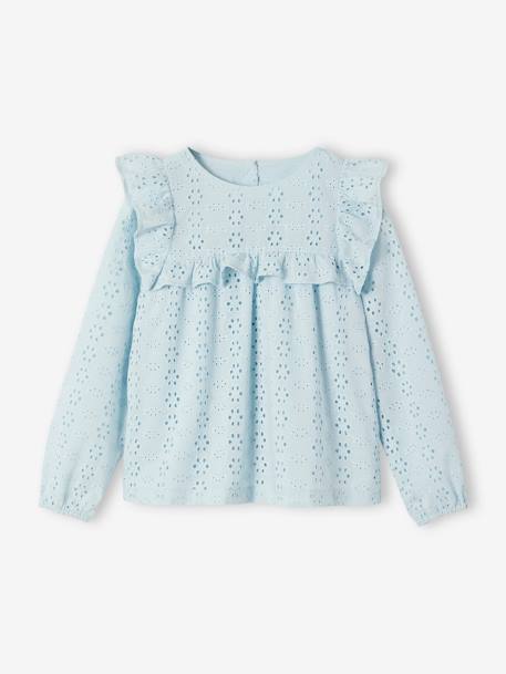 Blouse met ruches van Engels borduurwerk meisje hemelsblauw+saliegroen - vertbaudet enfant 