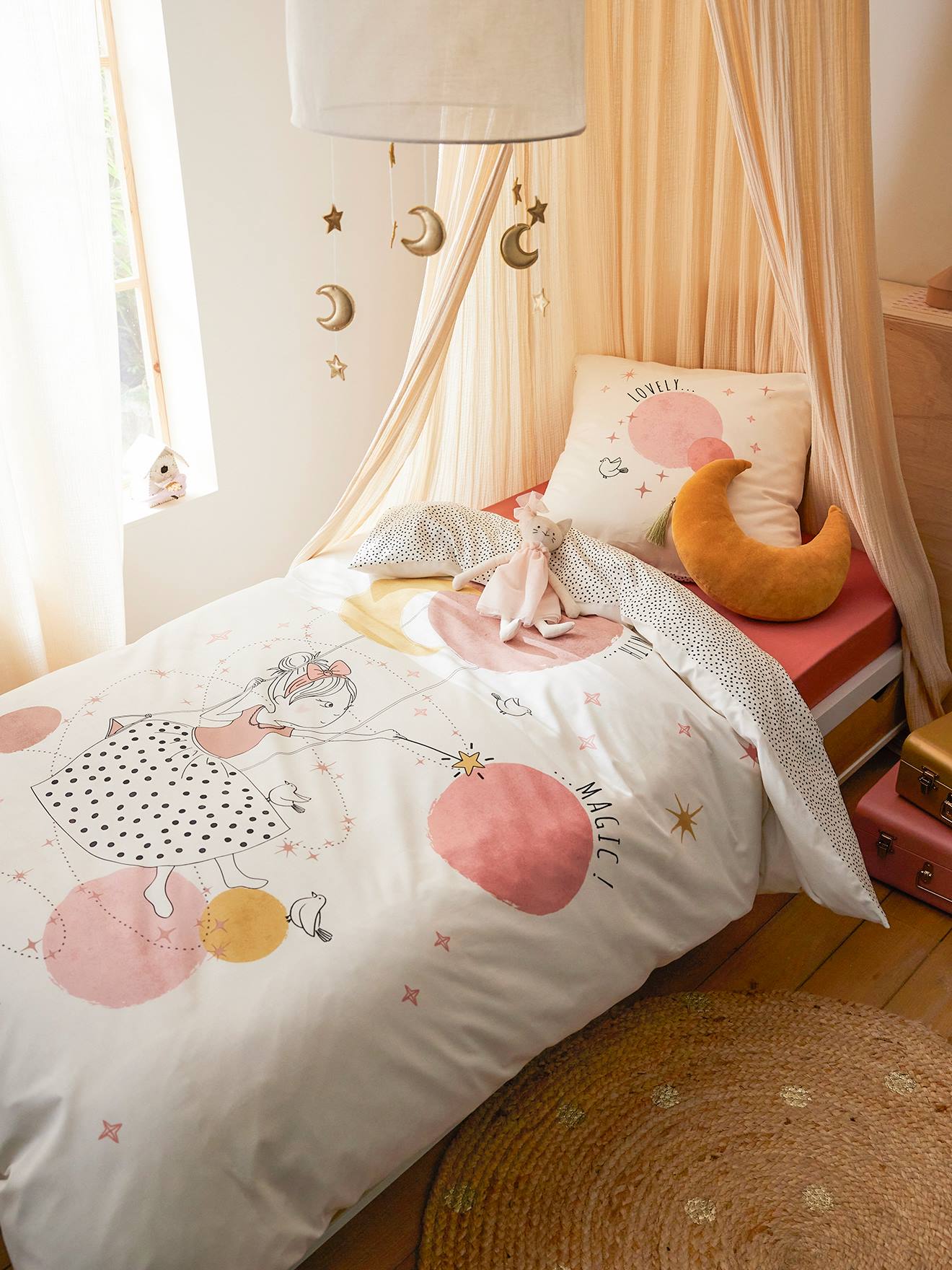 Set dekbedovertrek + kussensloop voor kinderen met gerecycled katoen PRINCESSE POESIE wit, bedrukt afbeelding