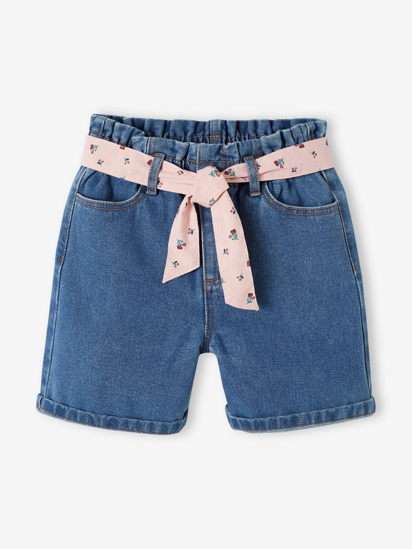 Jeansbermuda in paperbag-stijl voor meisjes stone