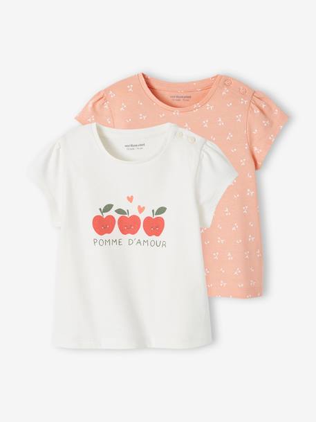 Set van 2 T-shirts voor baby, met korte mouwen oudroze+rozen - vertbaudet enfant 