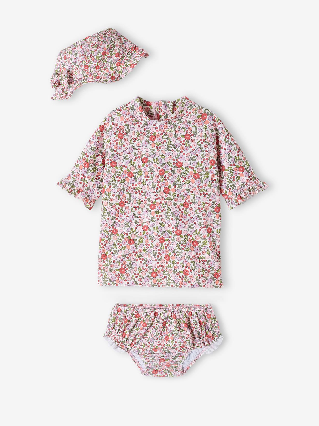 Zwemset met UV-bescherming voor meisjesbaby + T-shirt + broekje + hoedje rozen