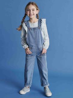 -Denim meisjestuinbroek met ruches op de bretels