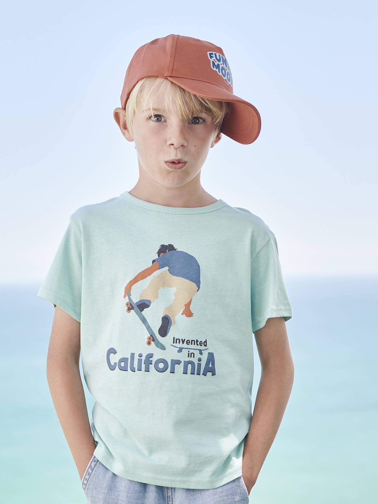Jongensshirt met korte mouwen en grafisch ontwerp turquoiseblauw