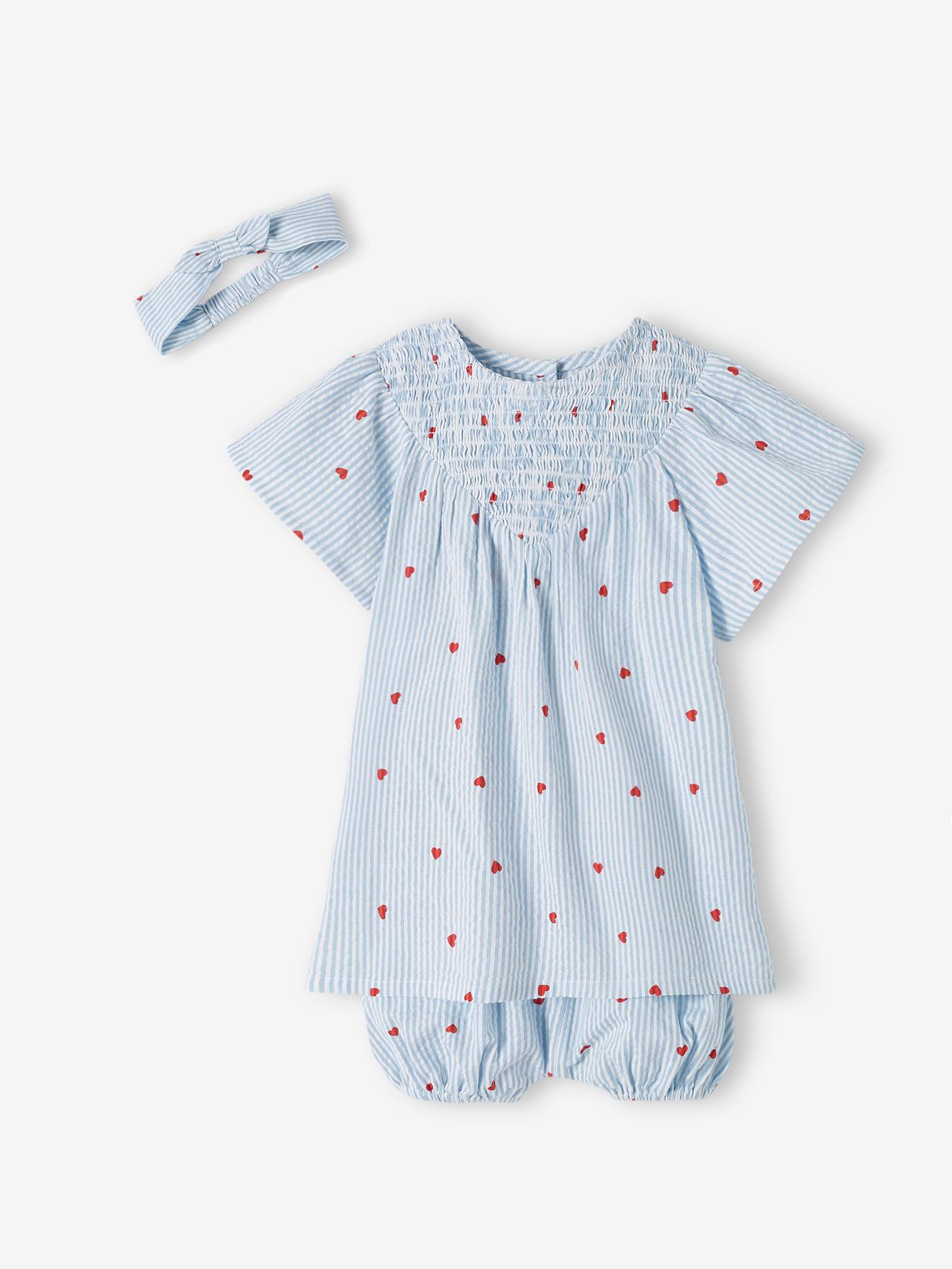 Set van seersucker jurk + short + band baby blauw, gestreept