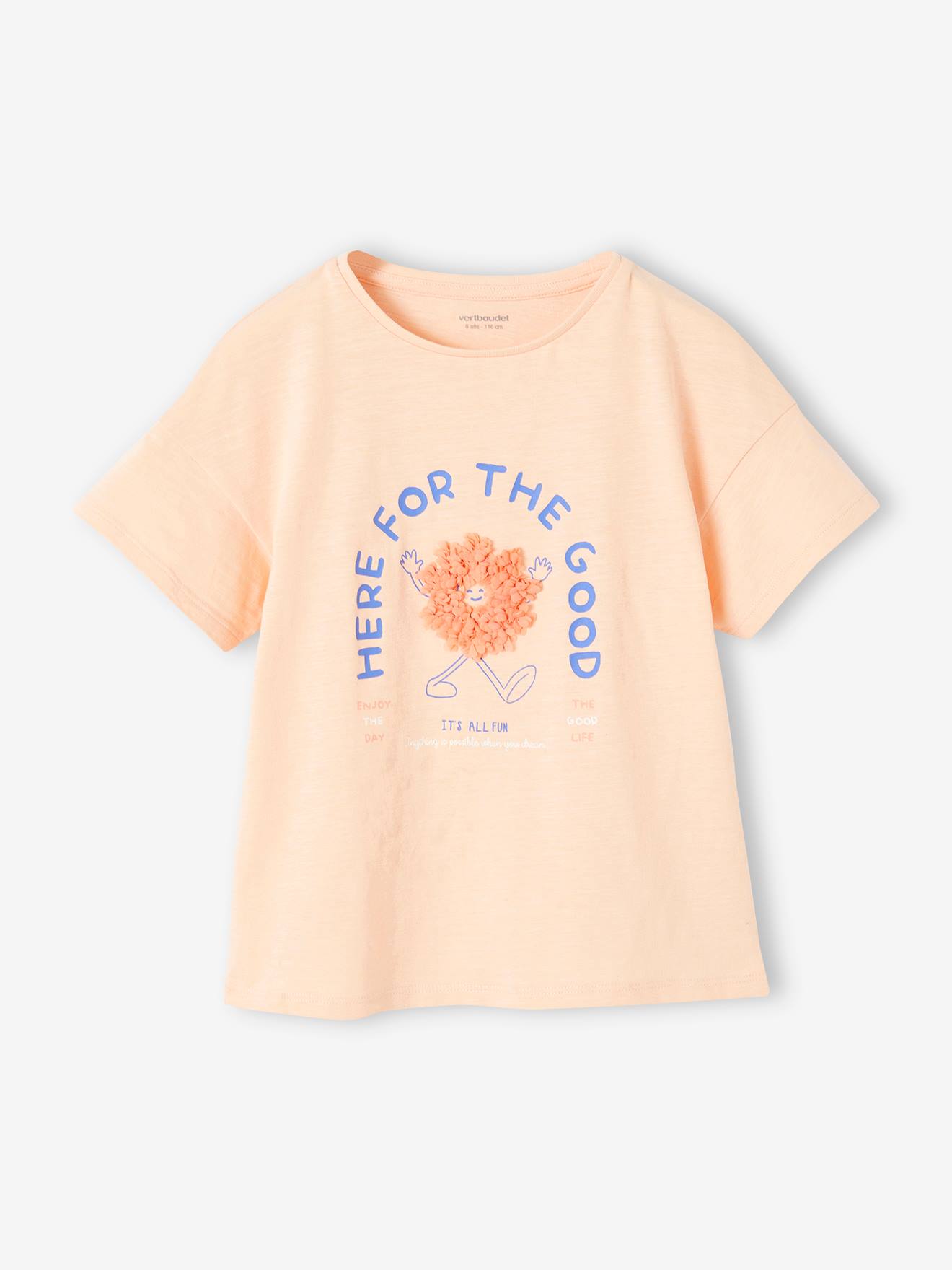 Meisjes-T-shirt met frisou-animatie en iriserende details abrikoos