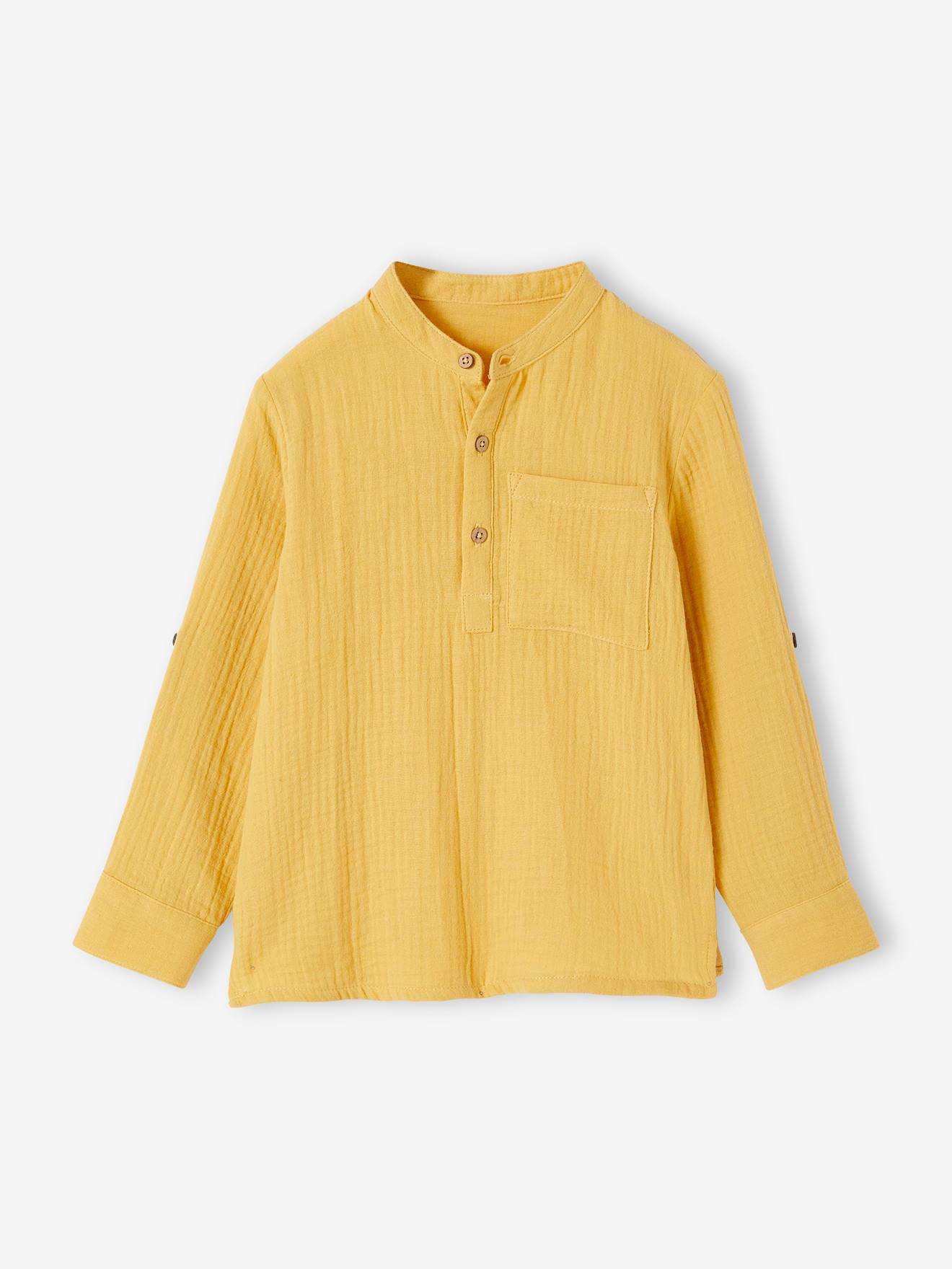 Jongensoverhemd van katoengaas met oprolbare mouwen geel
