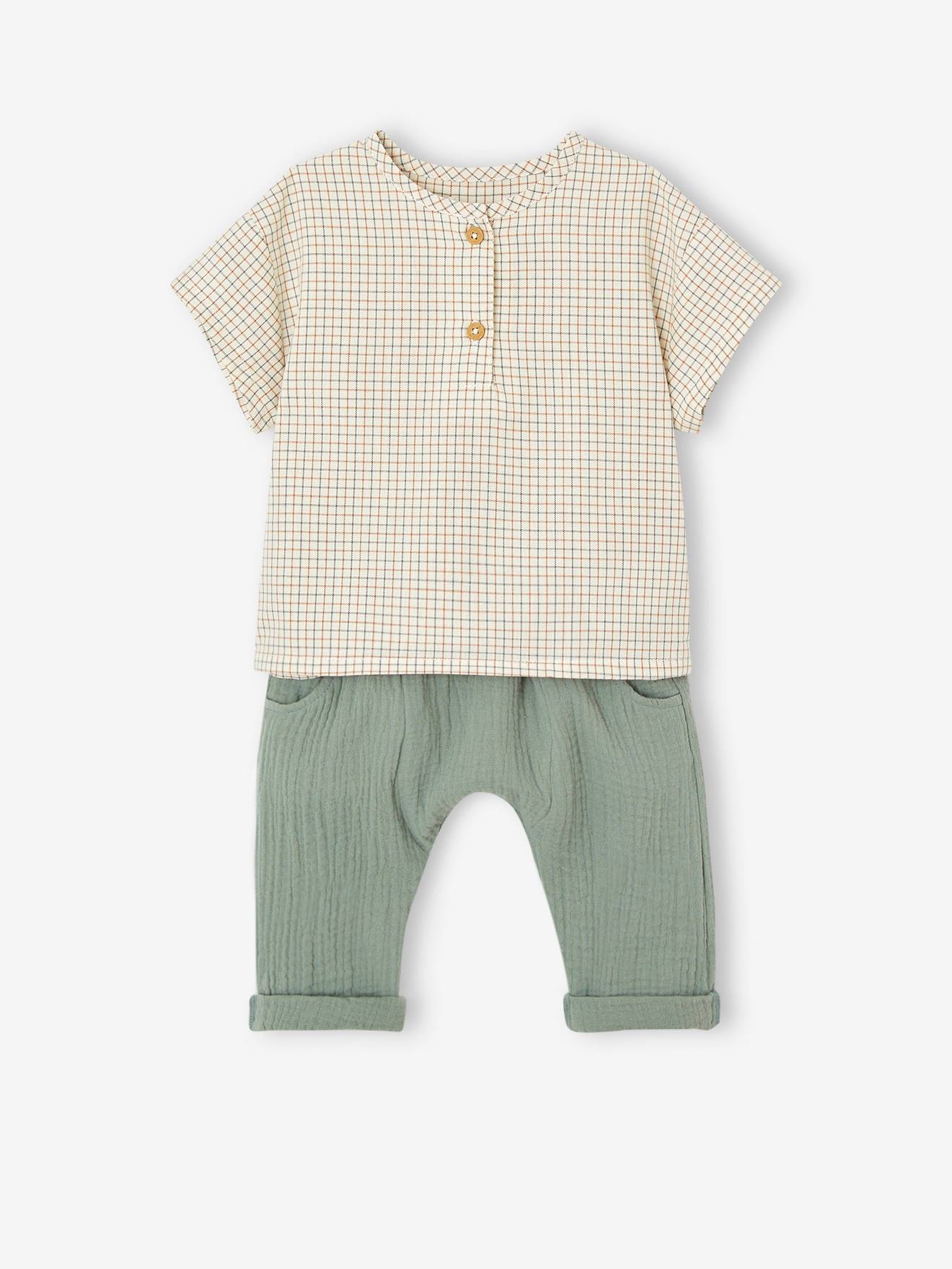 Set voor pasgeborenen met T-shirt en broek in kantoengaas groengrijs