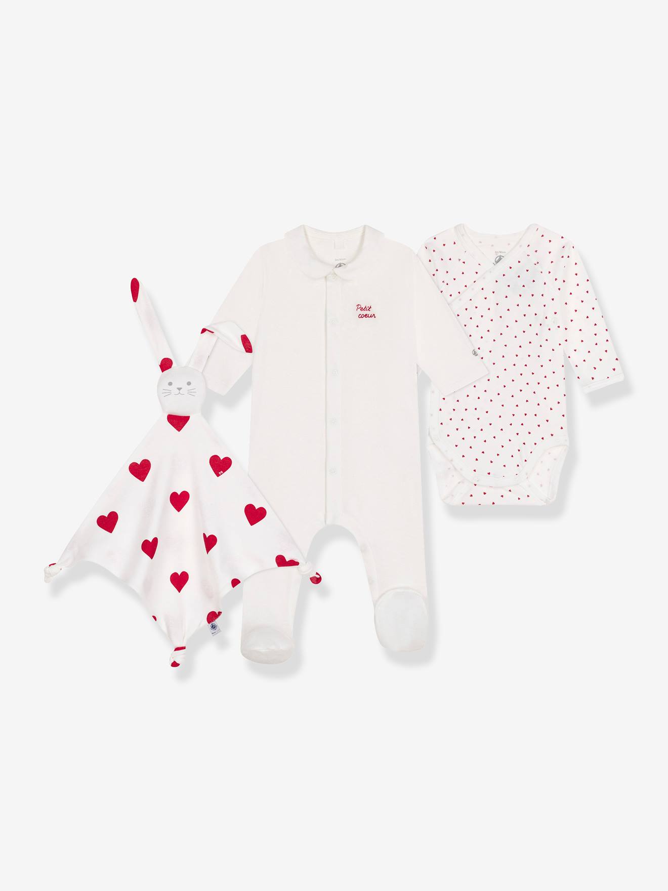 Slaapzakje + body + knuffel met hartjes PETIT BATEAU wit