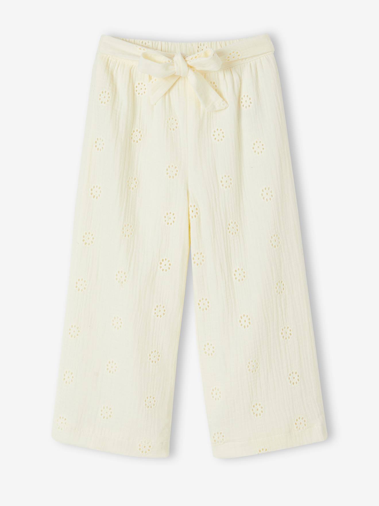 Ruime broek met bloemborduursel van katoengaas meisjes vanille