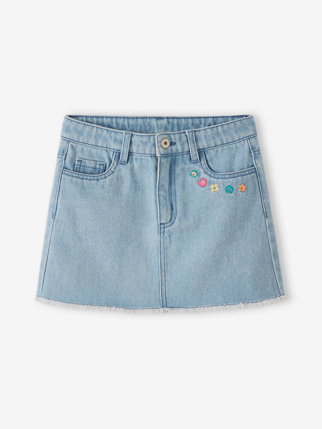 Meisjesrok van jeans met geborduurde bloemen gebleekt denim