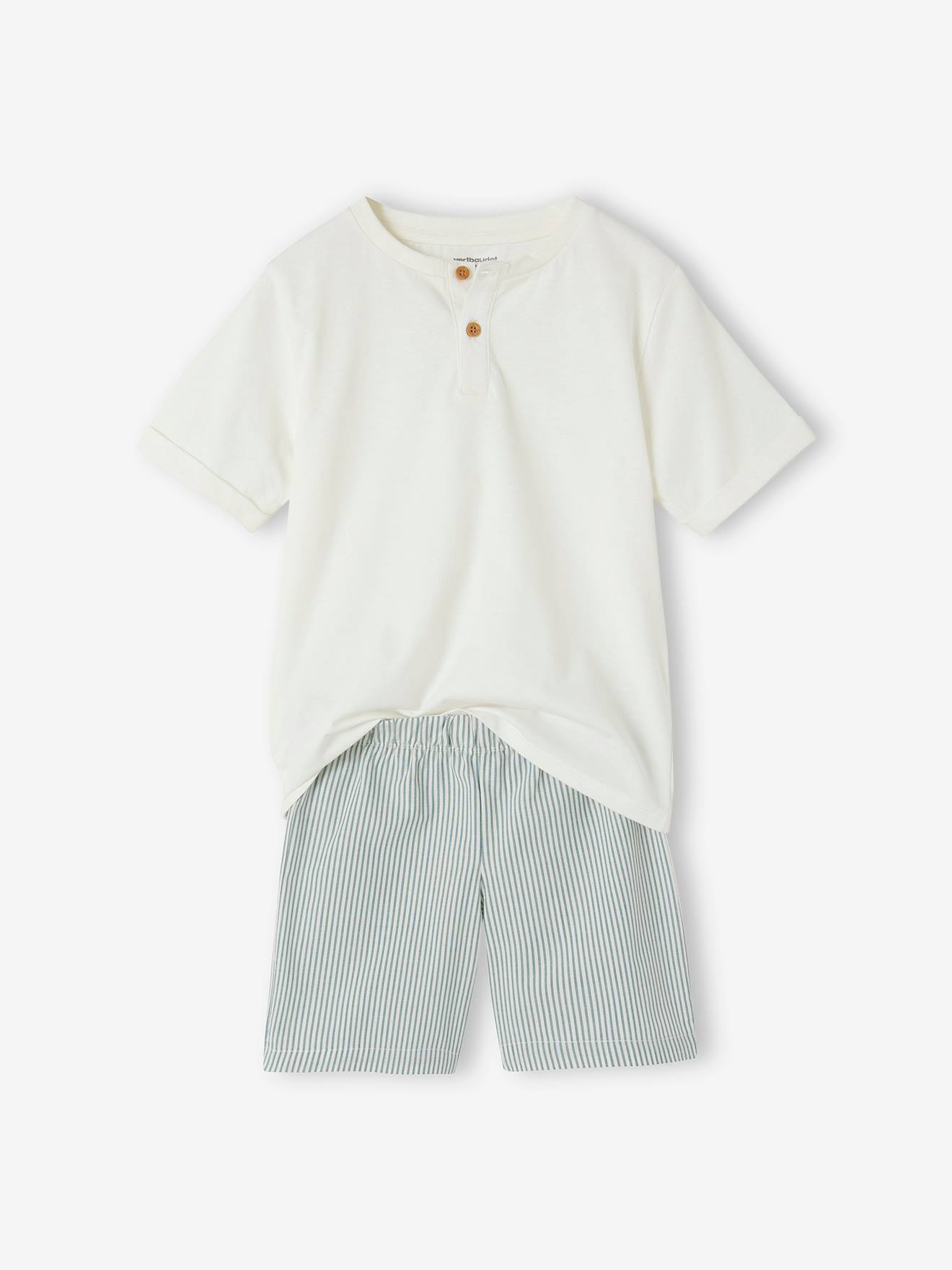 Jongens pyjashort in twee materialen personaliseerbaar ecru