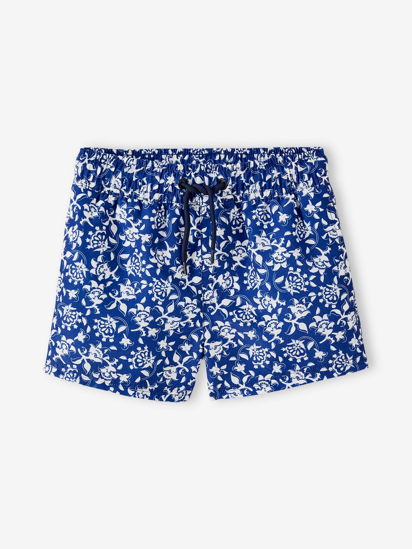 Bedrukte zwemshort voor jongens met bloemen blauw, bedrukt