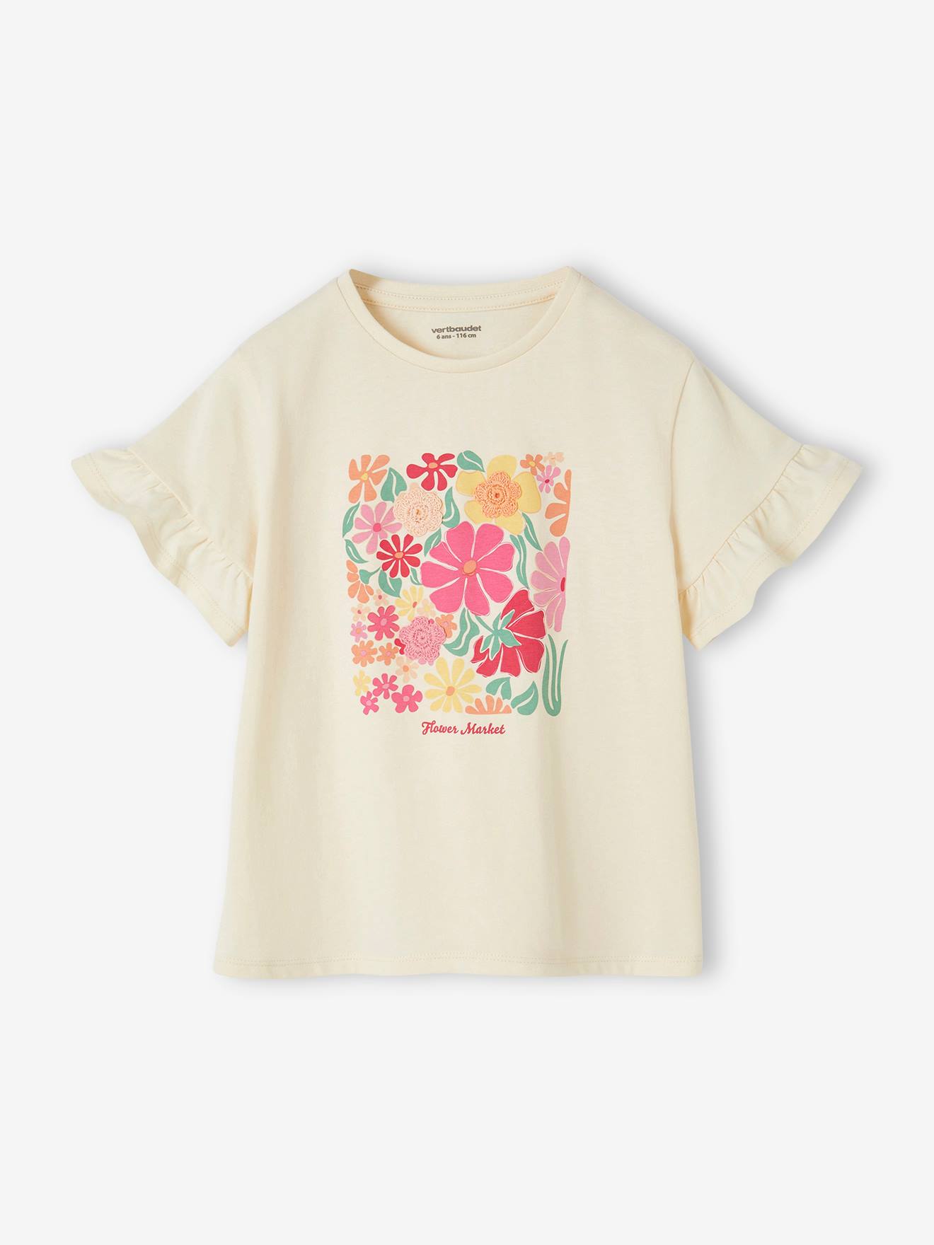 Fantasieshirt met gehaakte bloemen en ruches op de mouwen voor meisjes ecru