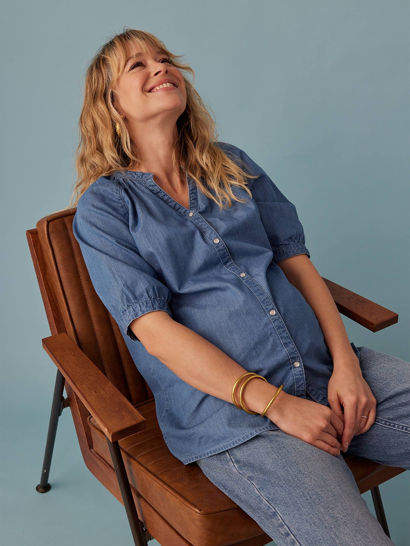ENVIE DE FRAISE zwangerschapsblouse van lichtgewicht denim, korte mouwen double stone afbeelding