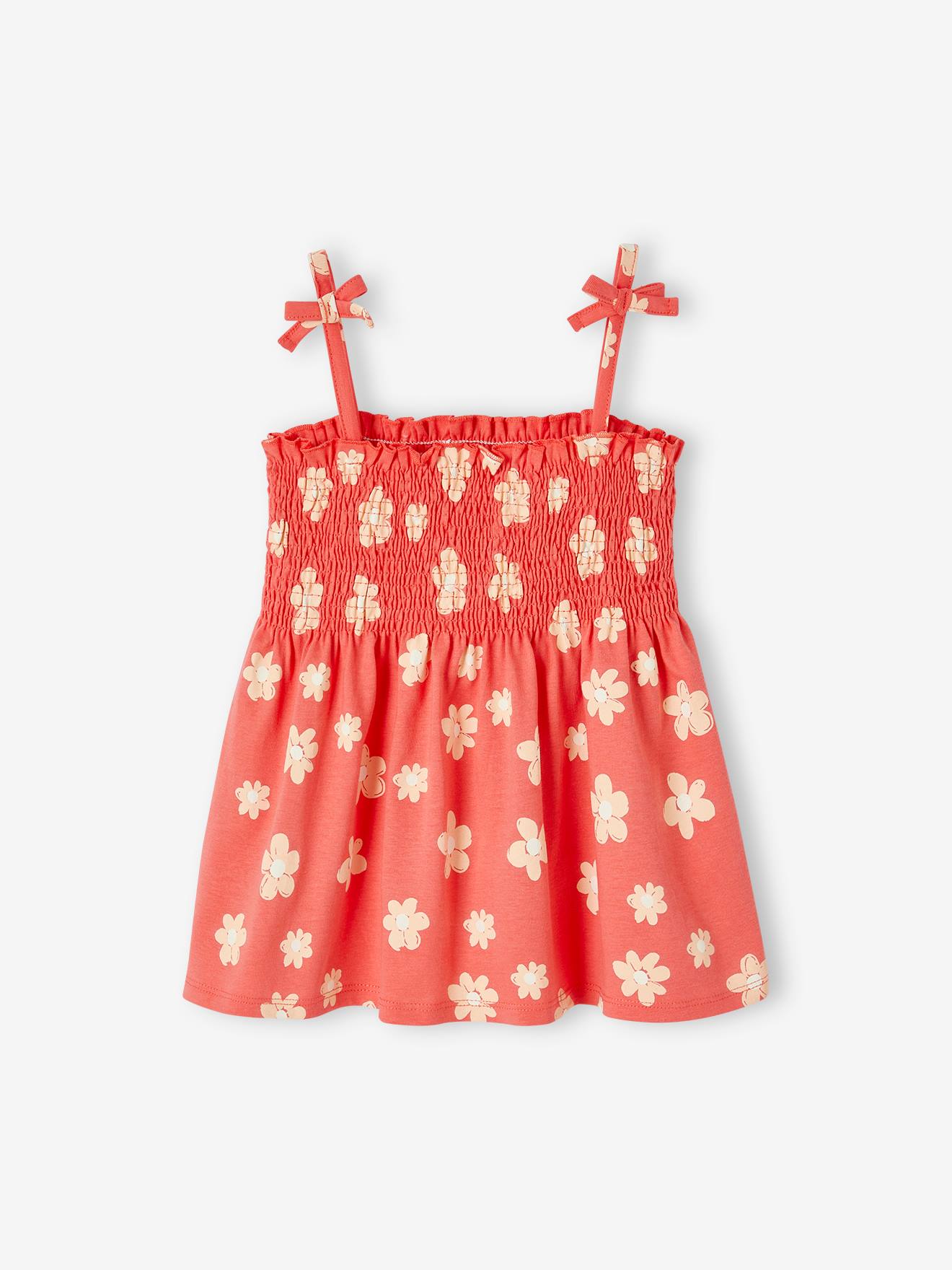 Meisjeshemd met smokwerk en bloemenprint rood