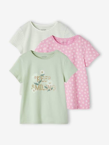 Set van 3 verschillende T-shirts voor meisjes met iriserende details framboos+pastelgeel+saliegroen+set camel+set inktkleur - vertbaudet enfant 