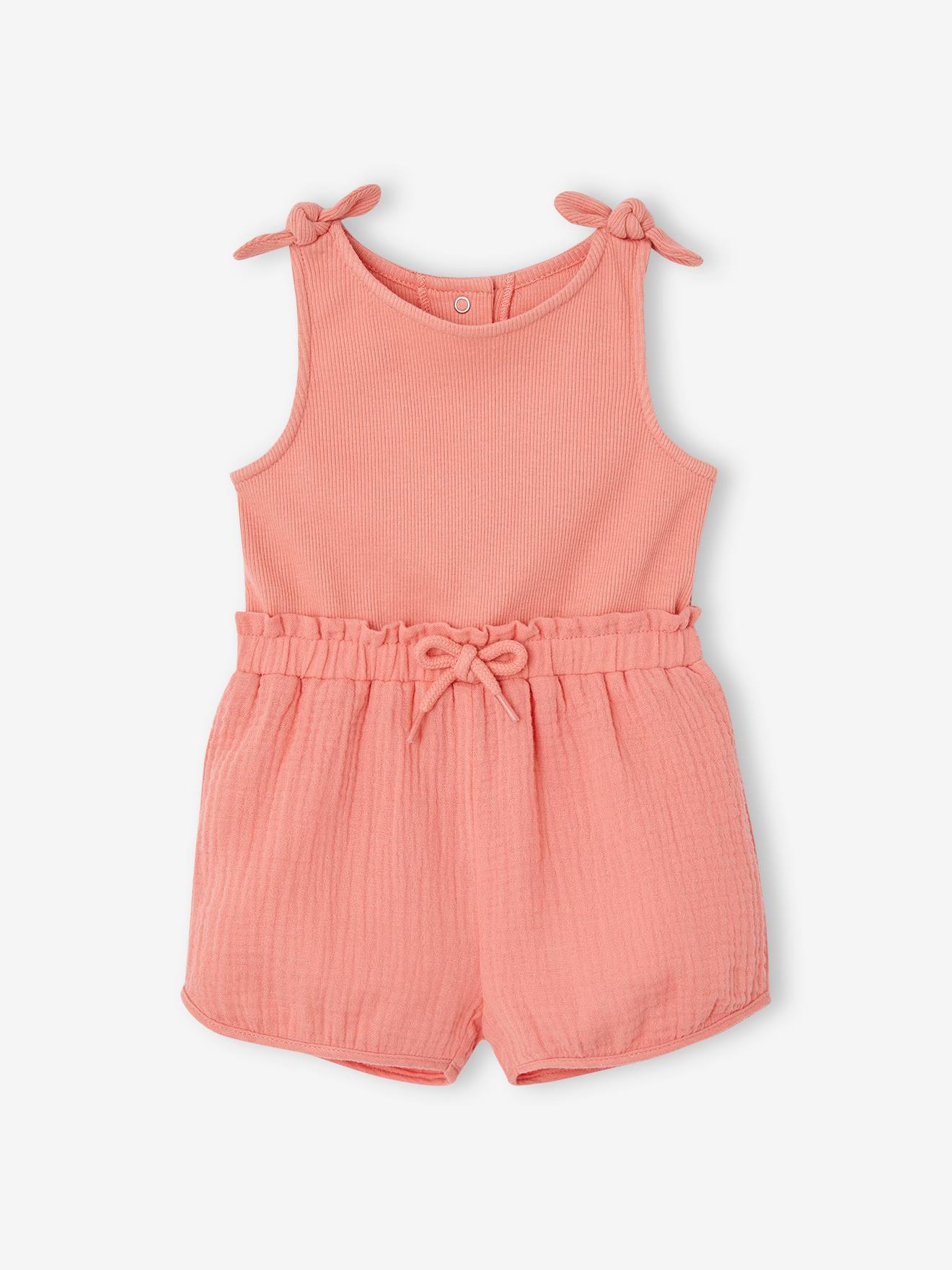 Combi-short met babystrikjes in twee materialen koraal