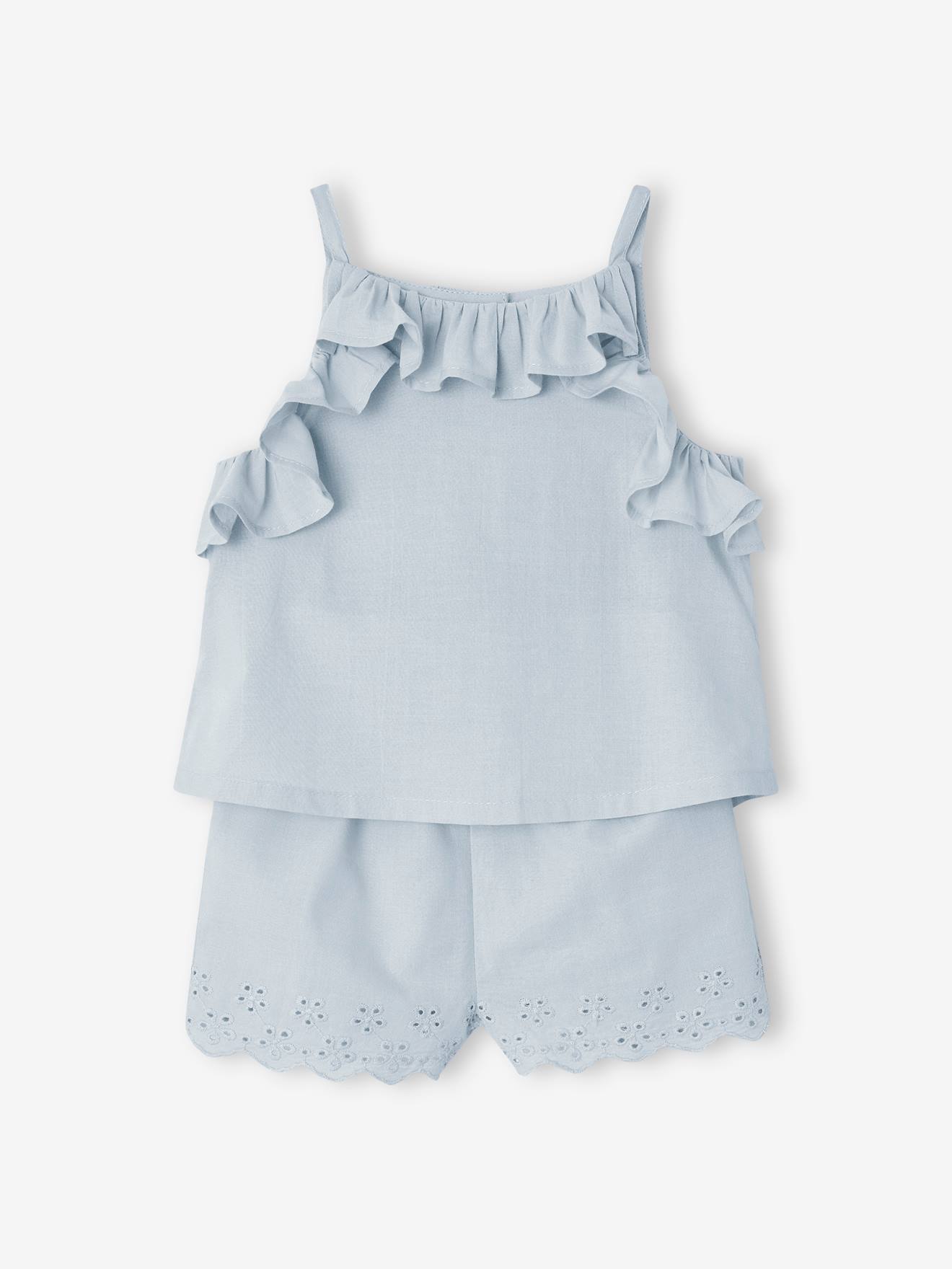 Babyset: blouse met bretels + geborduurd broekje ijsblauw