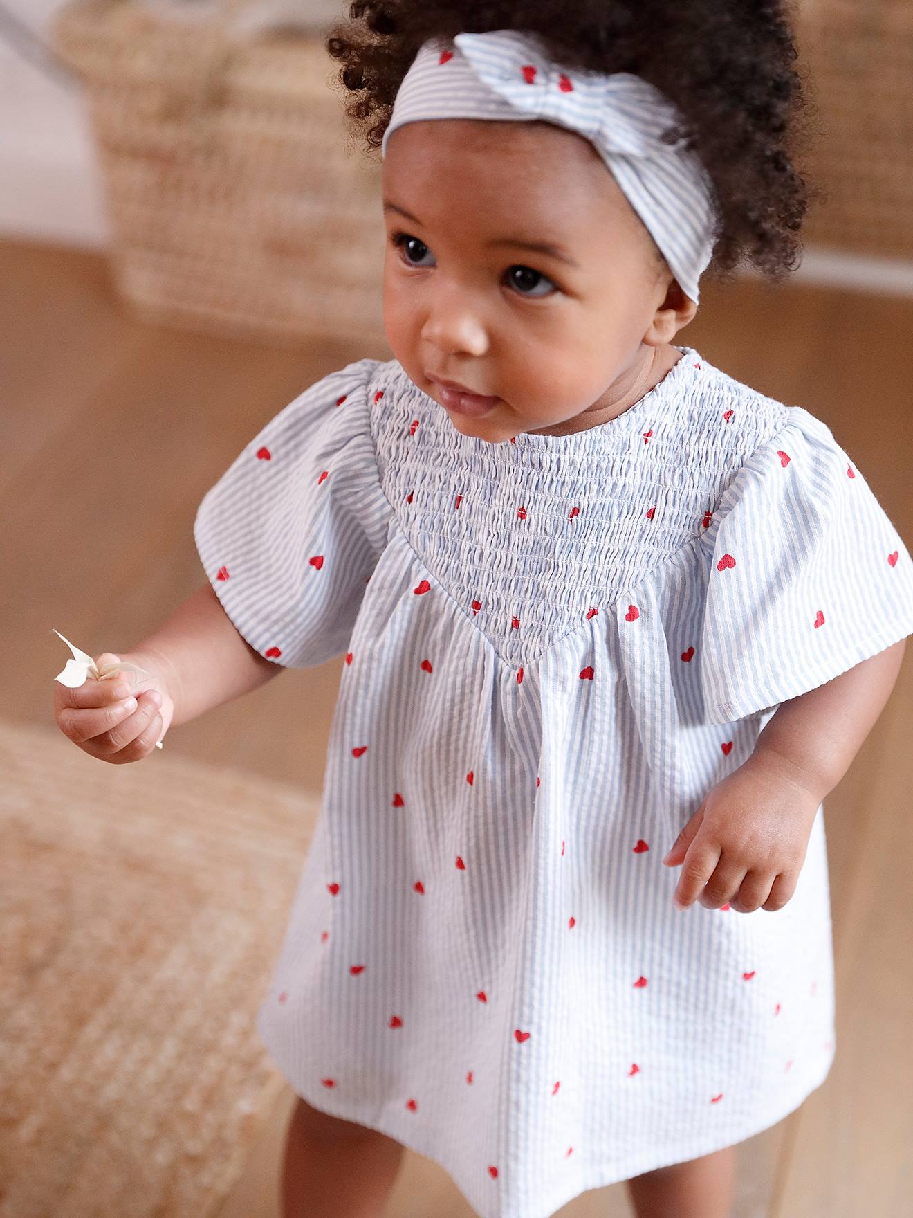 Set van seersucker jurk + short + band baby blauw, gestreept