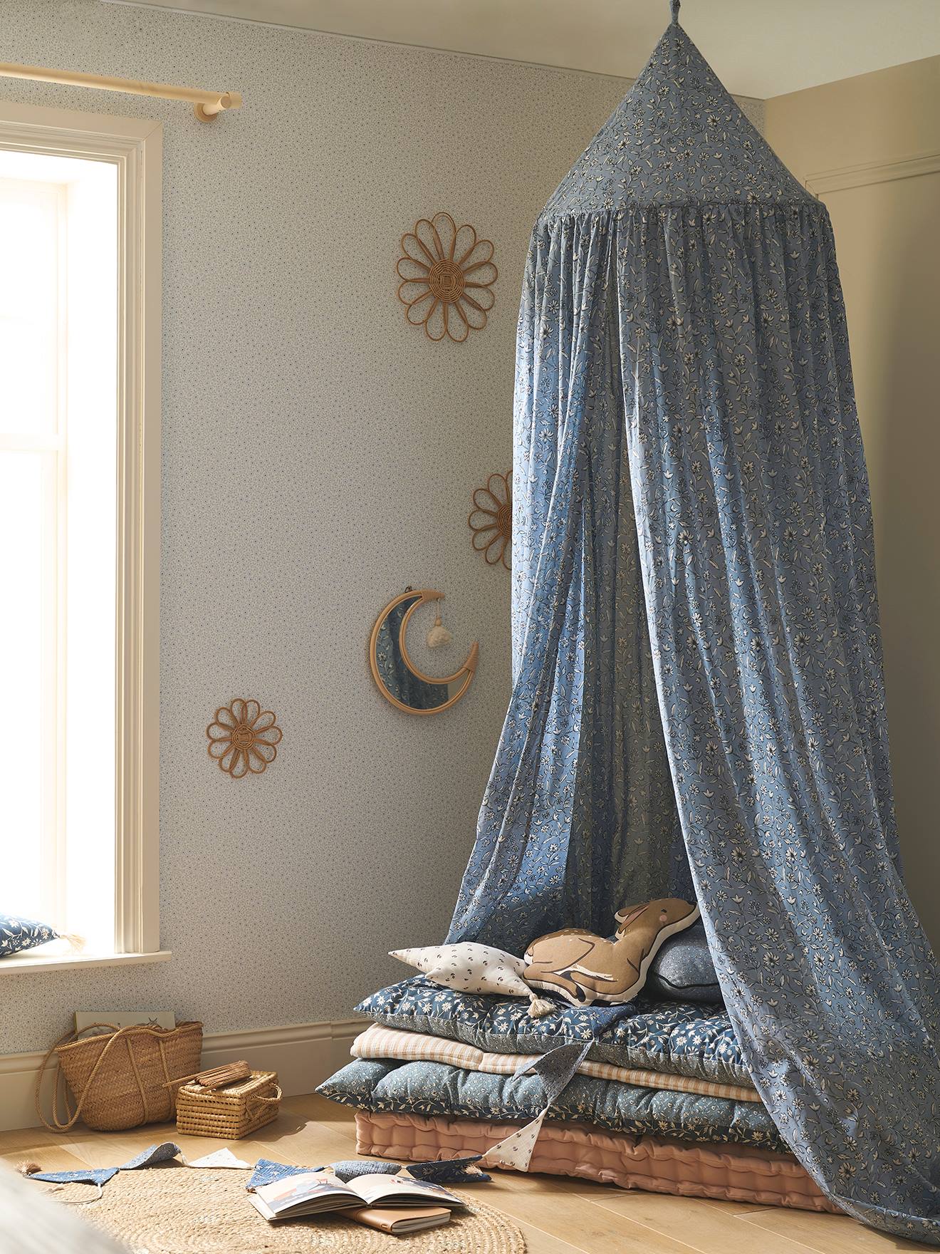 Bedhemel van wasbaar katoen met bloemenprint INDIA blauw, bedrukt
