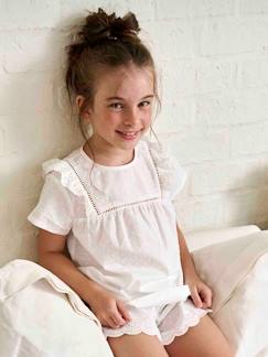 Meisje-Pyjama, surpyjama-Meisjespyjashort in plumetis-katoenen voile en Engels borduurwerk