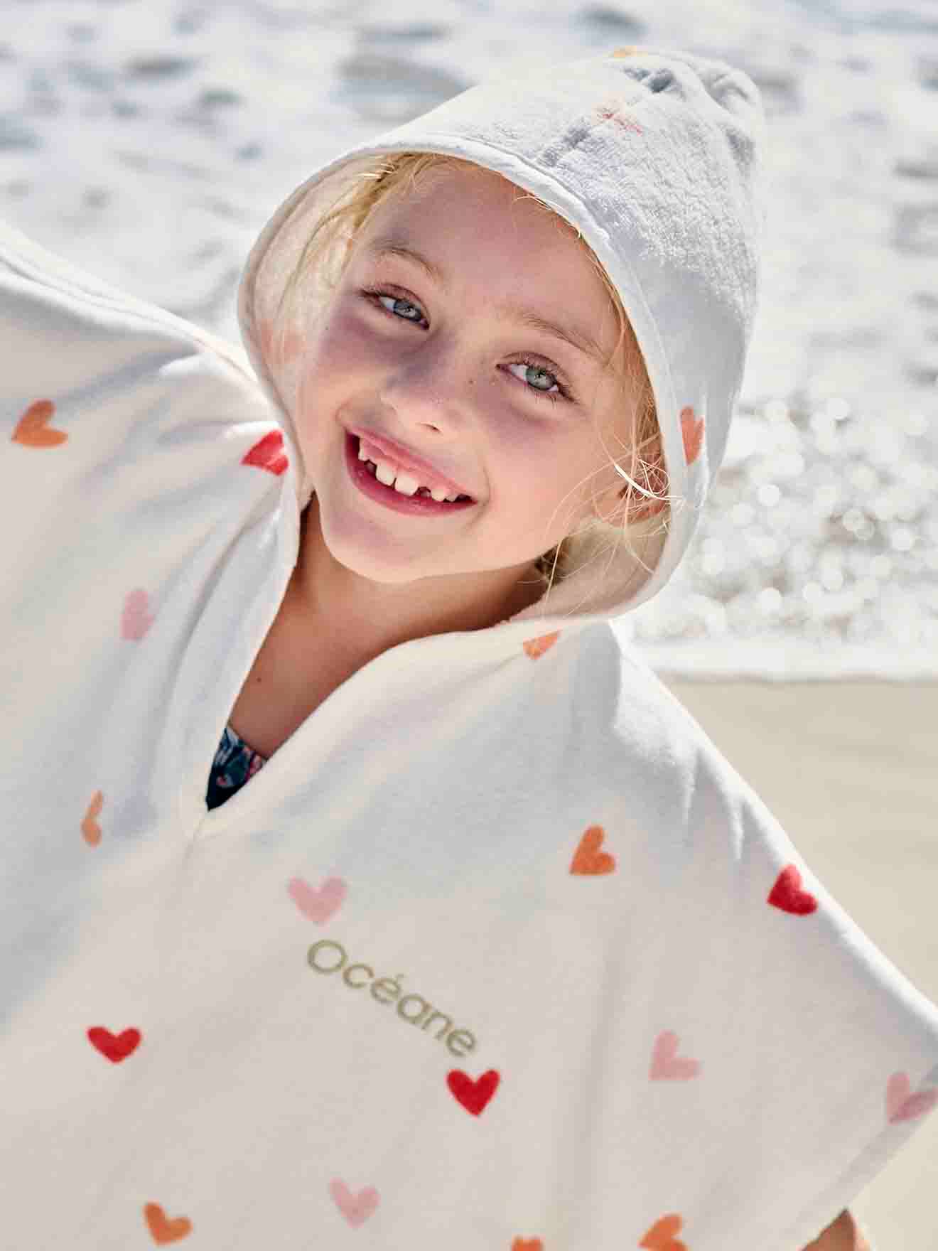 Personaliseerbare badponcho voor kinderen COEURS, met gerecycled katoen wit, bedrukt