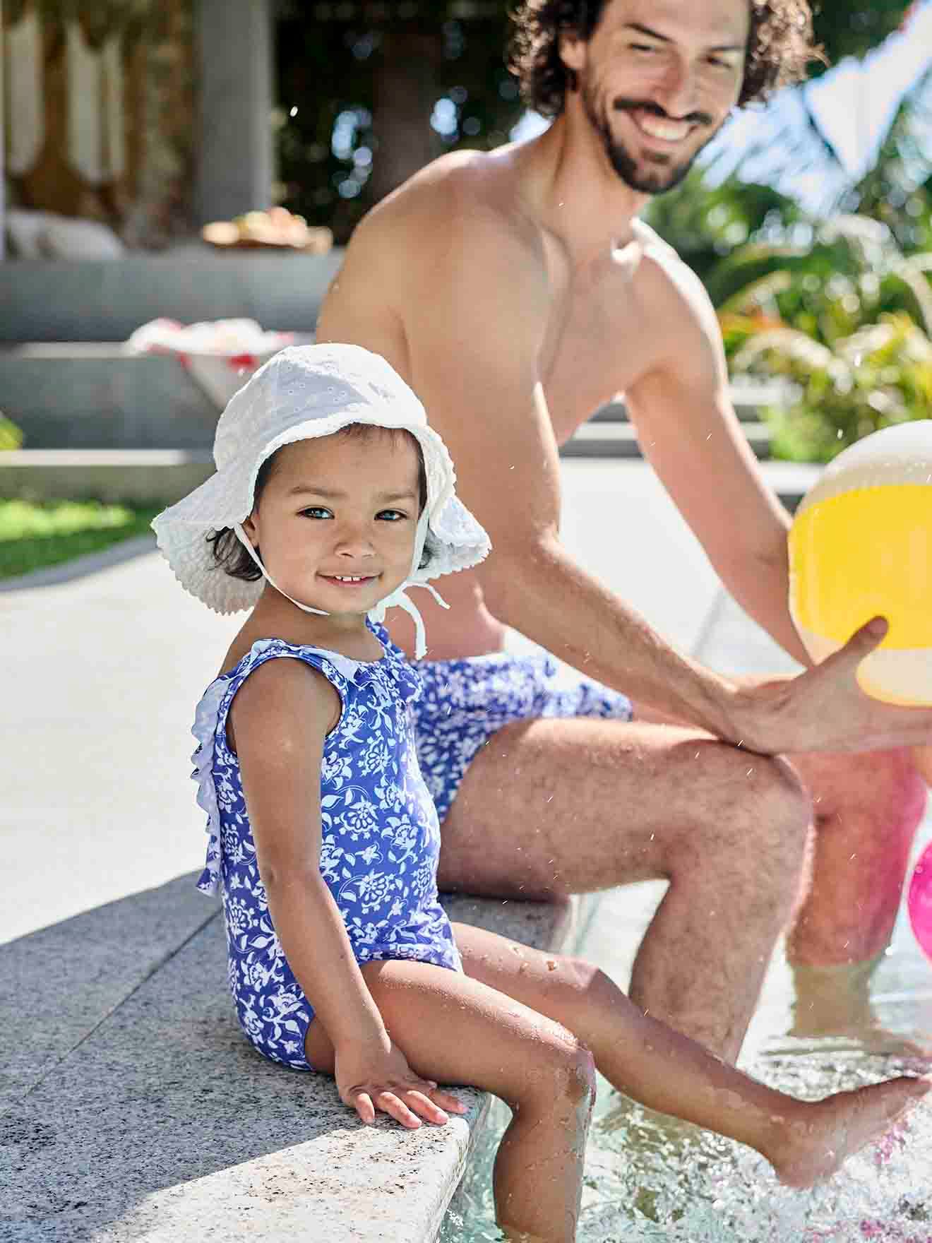 Gebloemd zwempak voor baby's, Team famille-collectie blauw, bedrukt