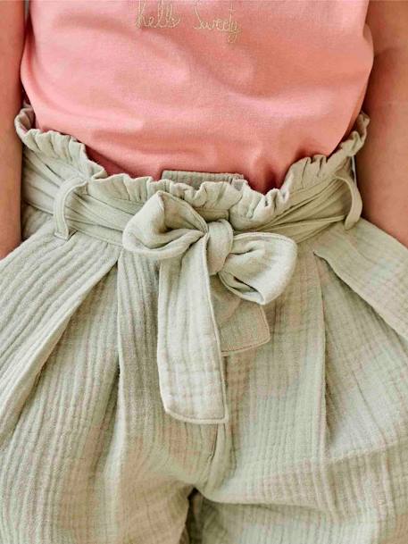 Wijde korte broek 'paperbag' voor meisjes, van katoengaas beige+lila+oudroze+saliegroen+wit - vertbaudet enfant 