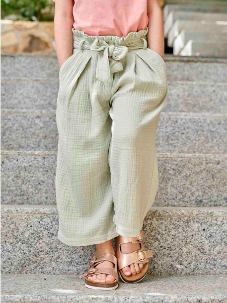 Wijde korte broek 'paperbag' voor meisjes, van katoengaas beige+lila+oudroze+saliegroen+wit - vertbaudet enfant 