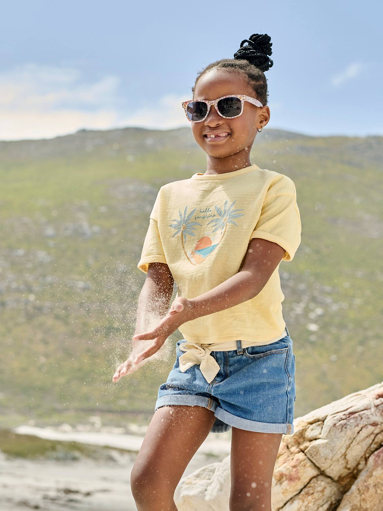 Denim meisjesshort in 'paperbag'-stijl stone
