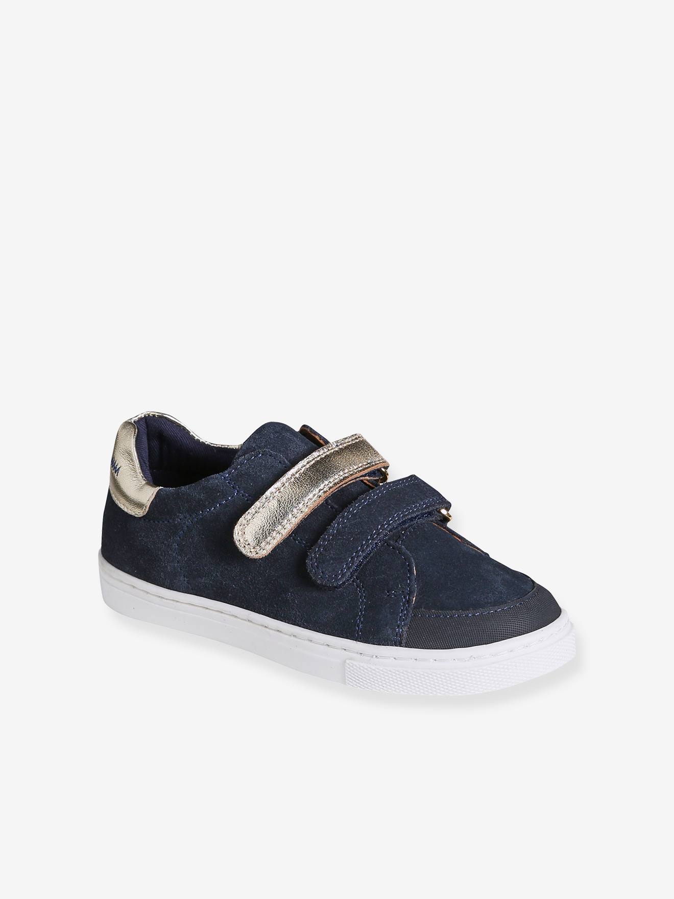 Leren meisjessneakers met klittenband marineblauw