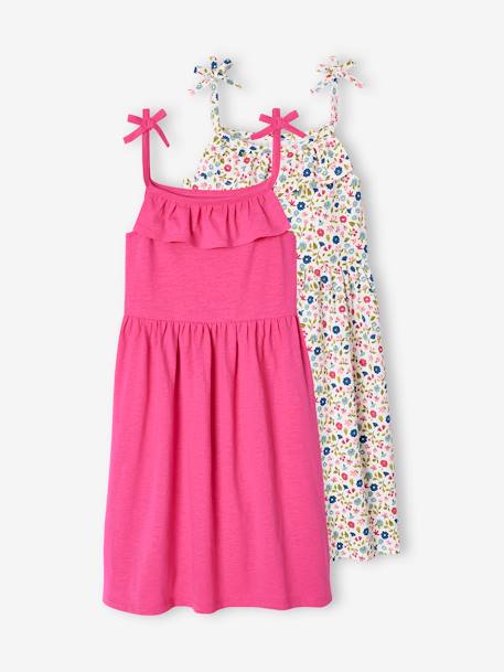 Set van 2 meisjesjurken met schouderbandjes, 1 bedrukt + 1 effen blauw/bedrukte set roze bloeme+fuchsia+set geel / bedrukte bloemen - vertbaudet enfant 