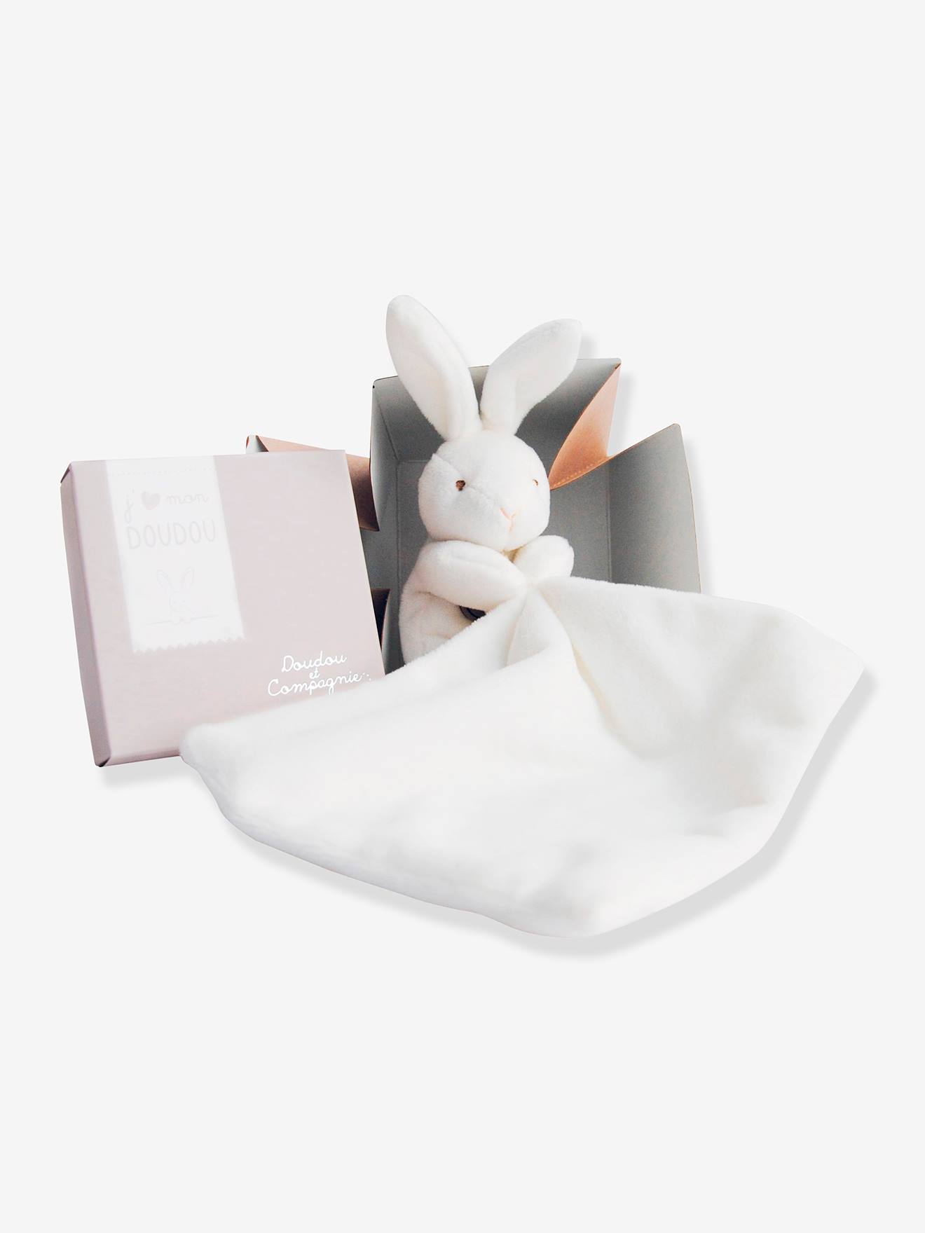 Zachte knuffelzakdoek - 10 cm - Bloemendoos - DOUDOU ET COMPAGNIE wit