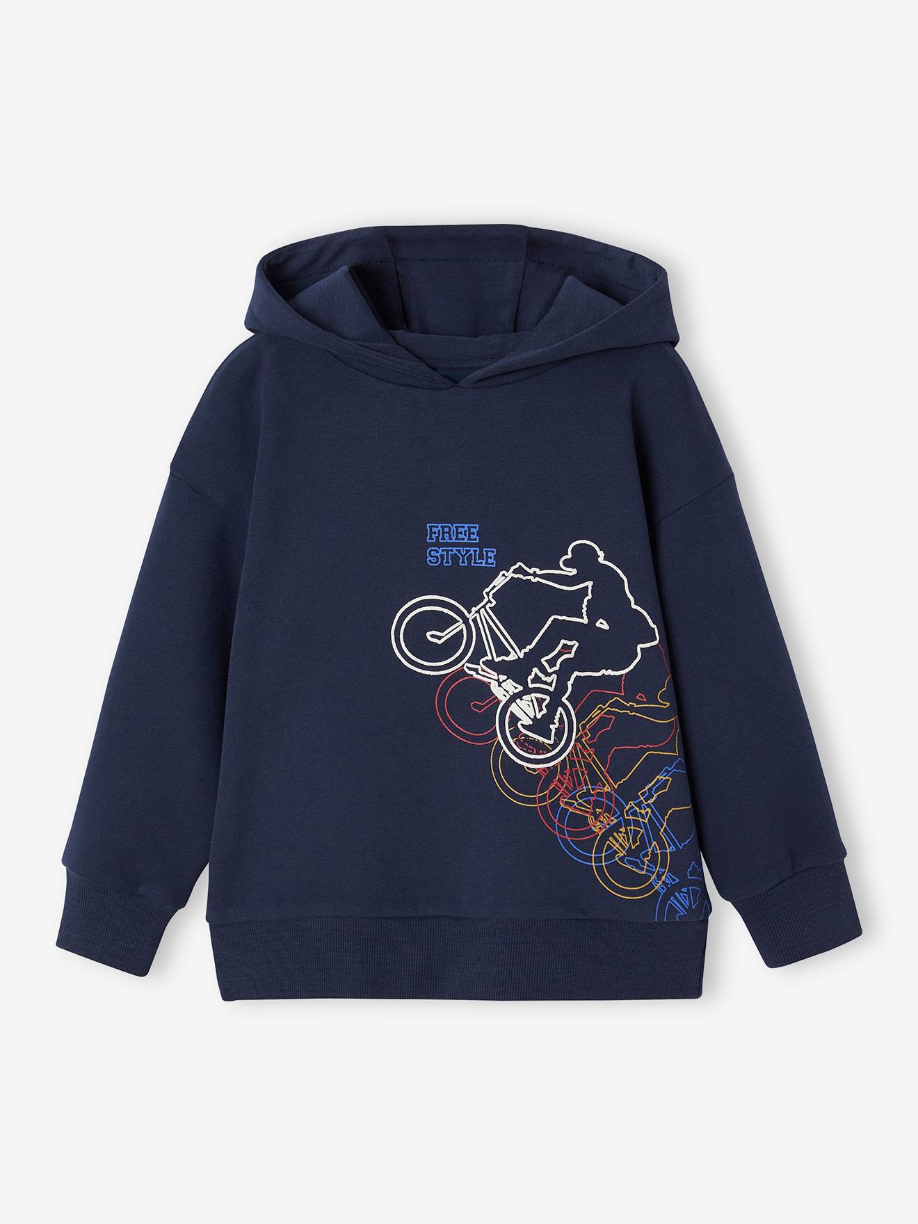 Jongenssweater met capuchon en BMX-print marineblauw