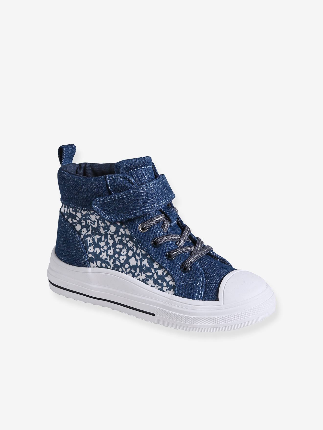 Hoge sneakers met klittenband en veters voor meisjes jeansblauw