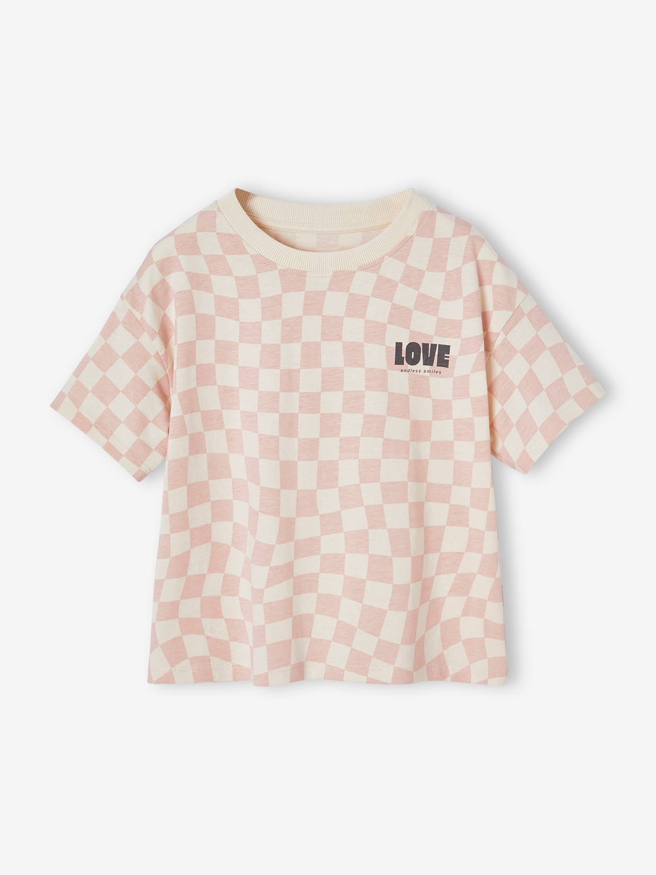 T-shirt met dambordmotief en korte mouwen, meisjes roze, bedrukt