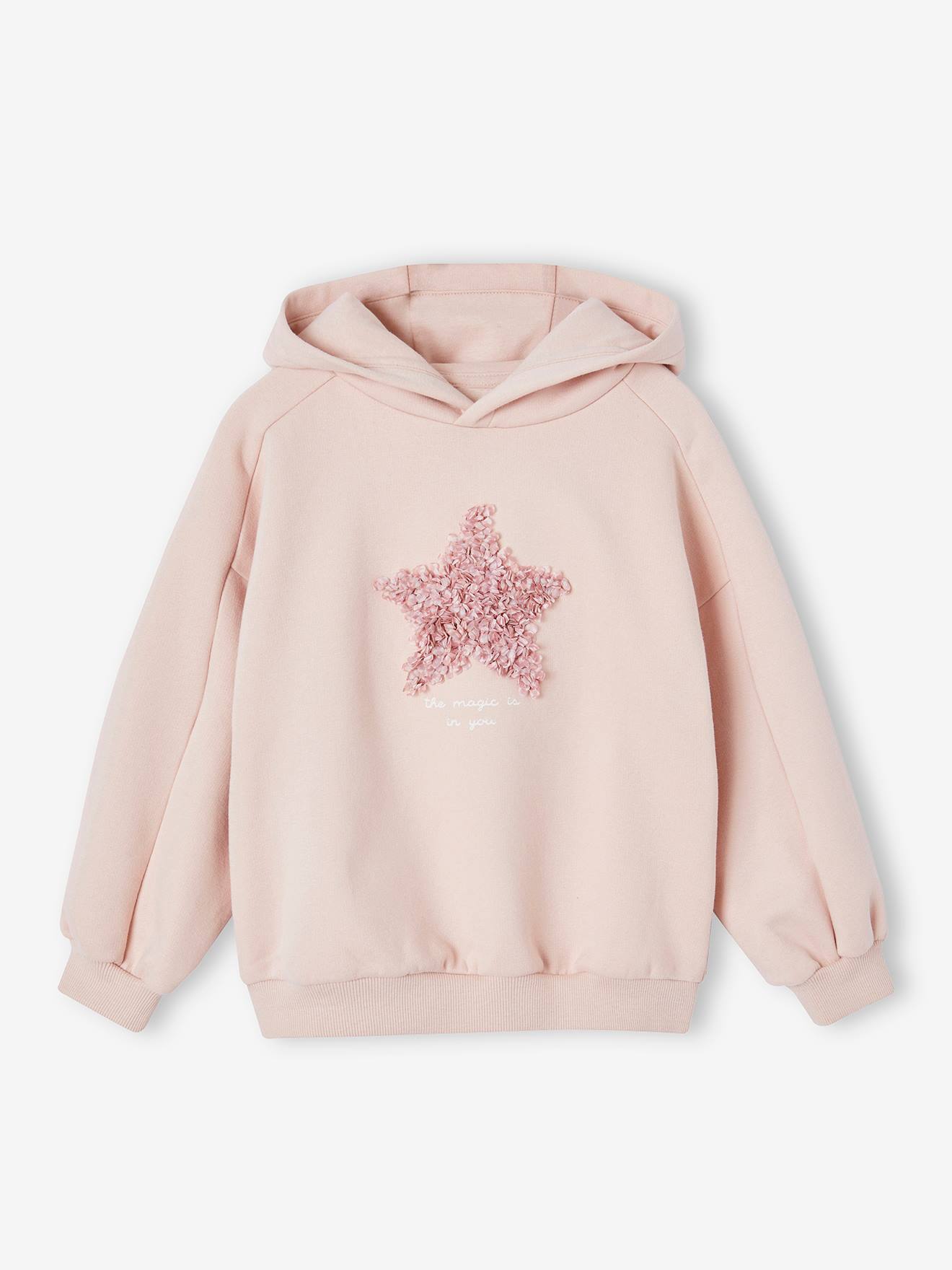 Sweatshirt met capuchon fantasiemotief meisjes roze (poederkleur)