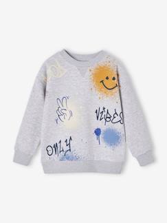 Jongens-Trui, vest, sweater-Sweater-Jongenssweater met ronde kraag en graffiti