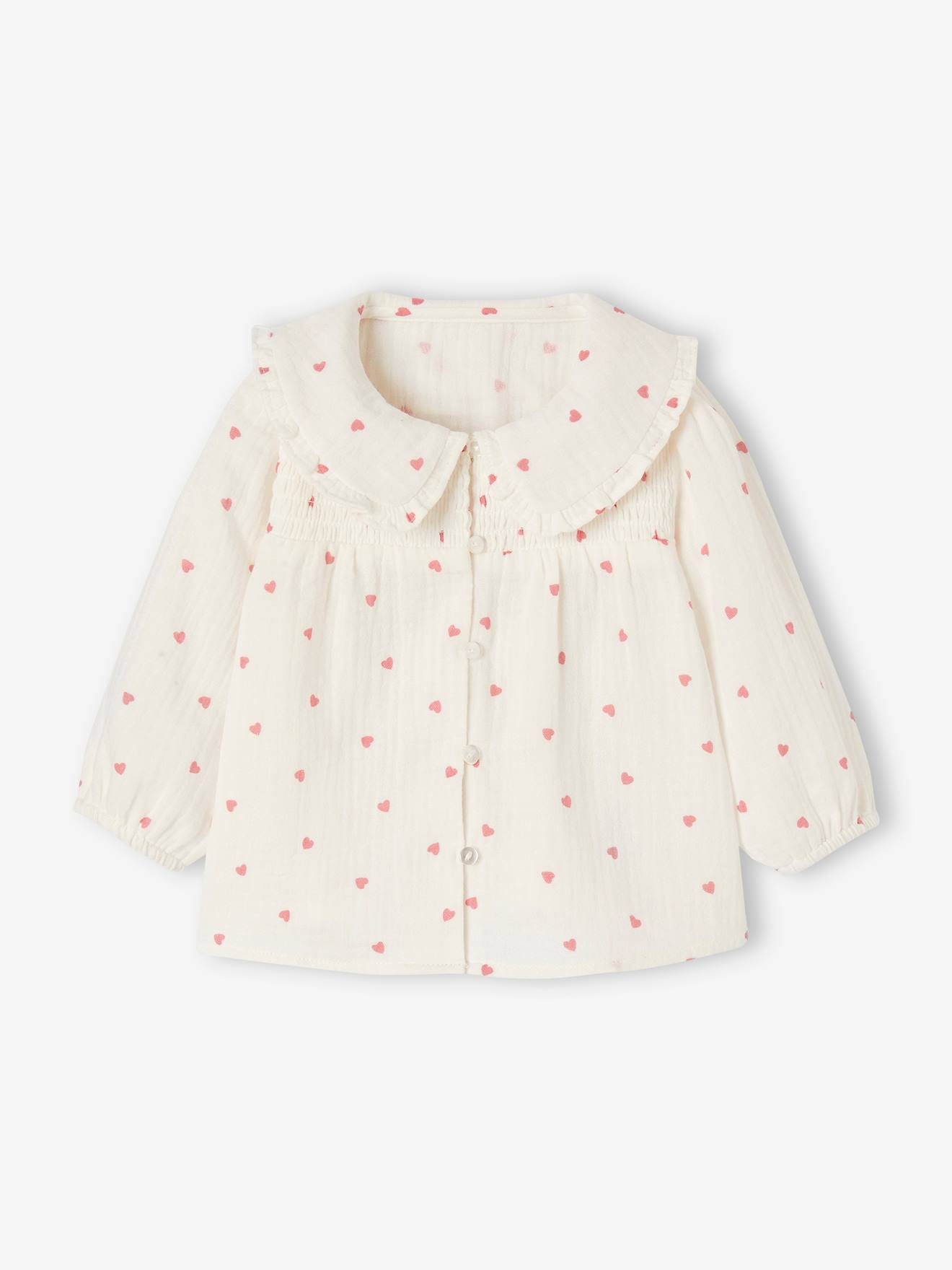 Blouse hartjes van katoengaas babymeisje ecru