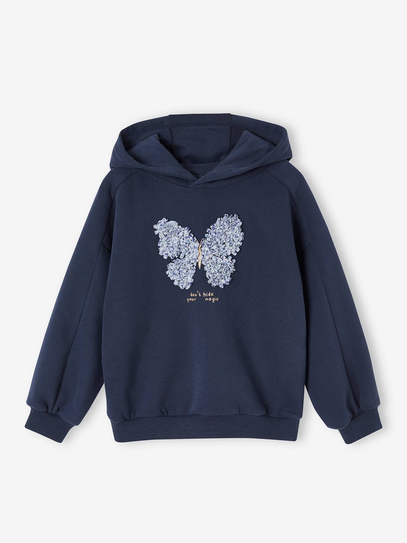 Sweatshirt met capuchon fantasiemotief meisjes marineblauw