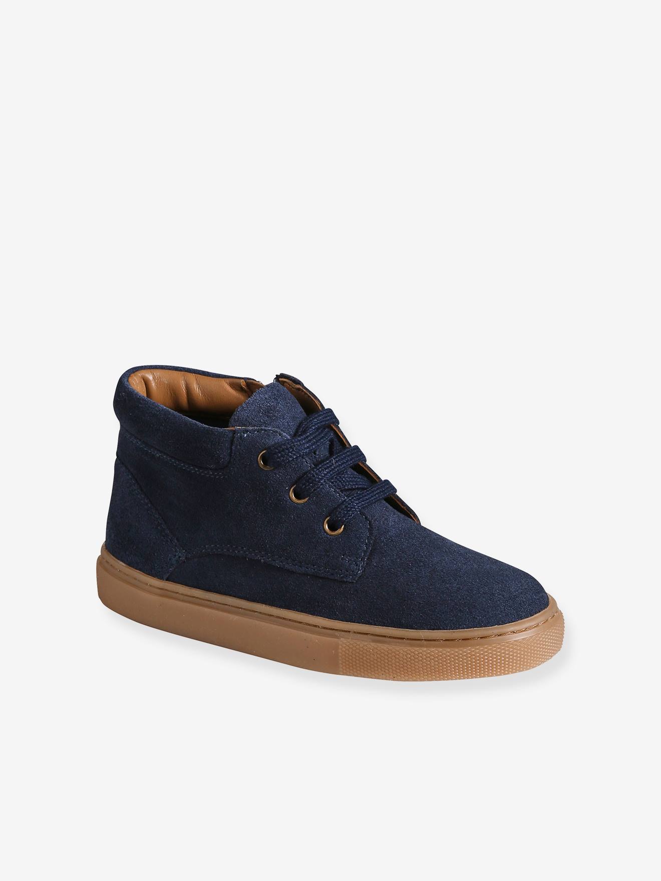 Hoge leren sneakers met veters voor jongens marineblauw