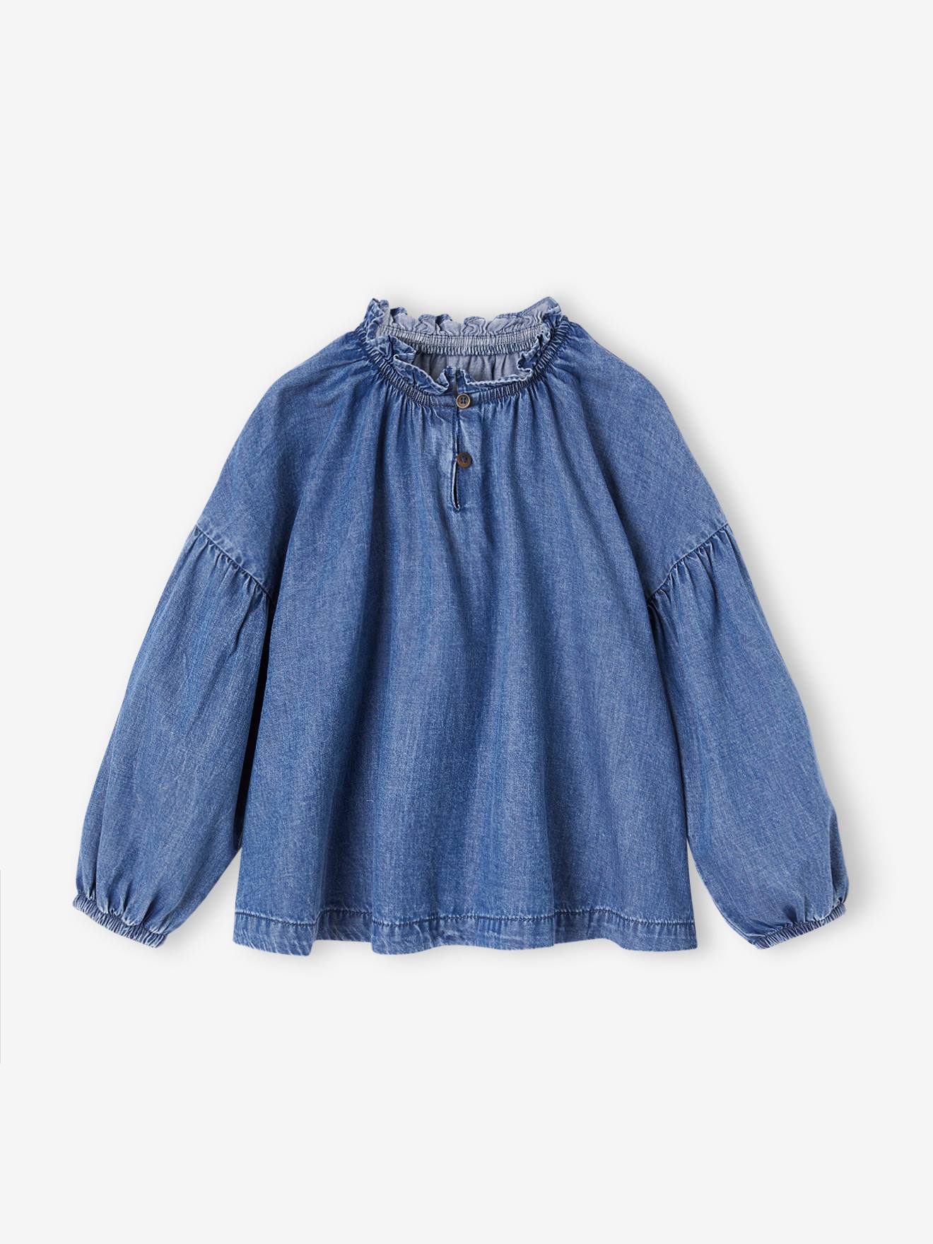 Luchtige denim meisjesblouse middenblauw