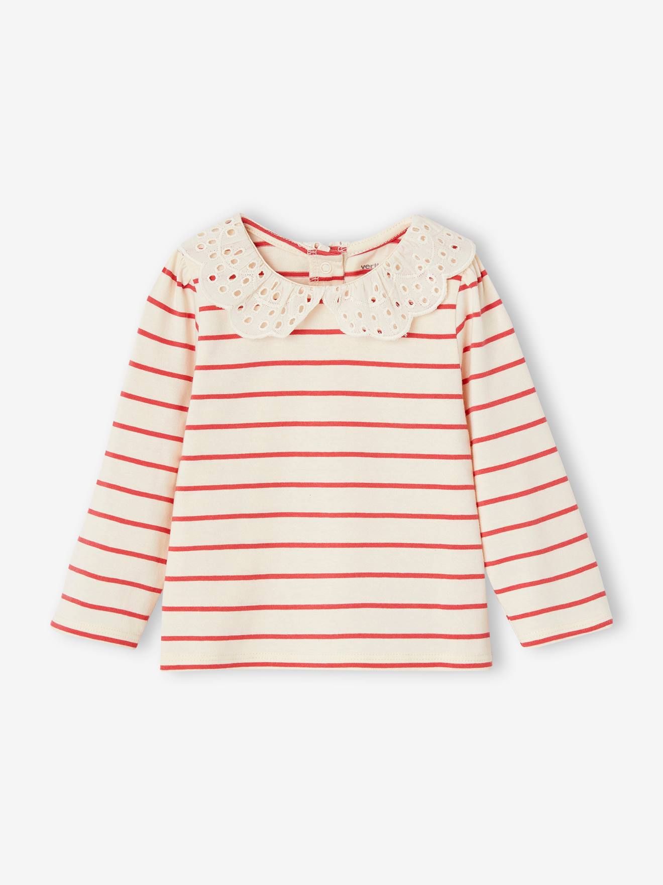 Baby T-shirt met geborduurde kraag en lange mouwen rood, gestreept