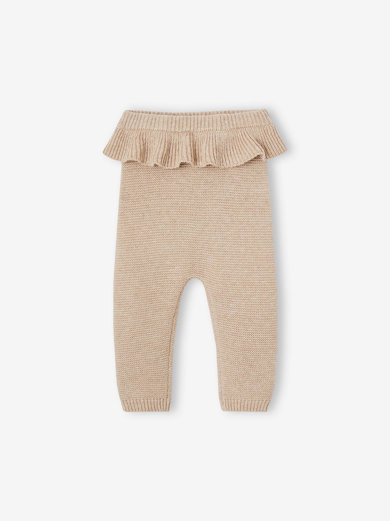 Gebreide broek met ruche baby gemêleerd beige