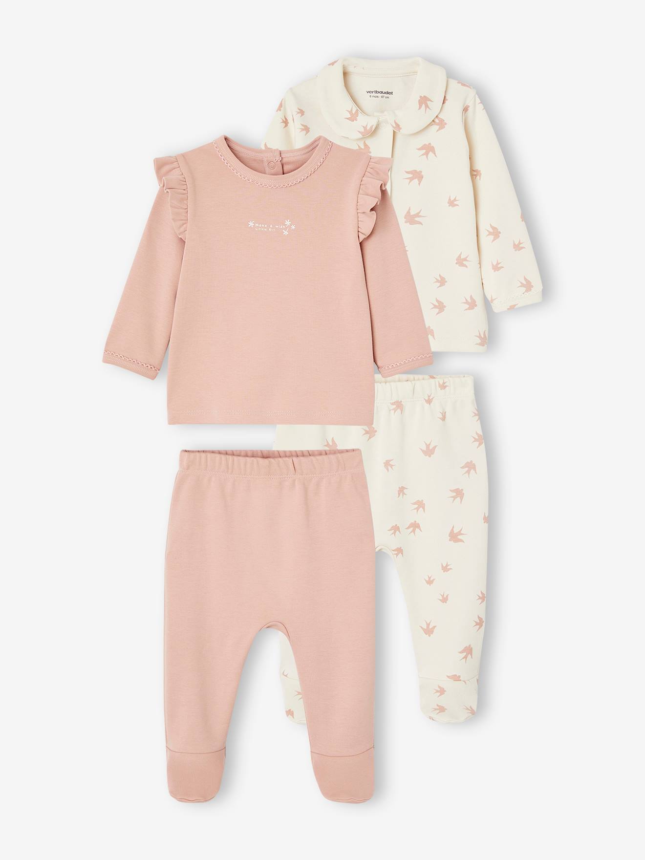 Set van 2 babypyjama's met vogelmotief van interlock roze (poederkleur)