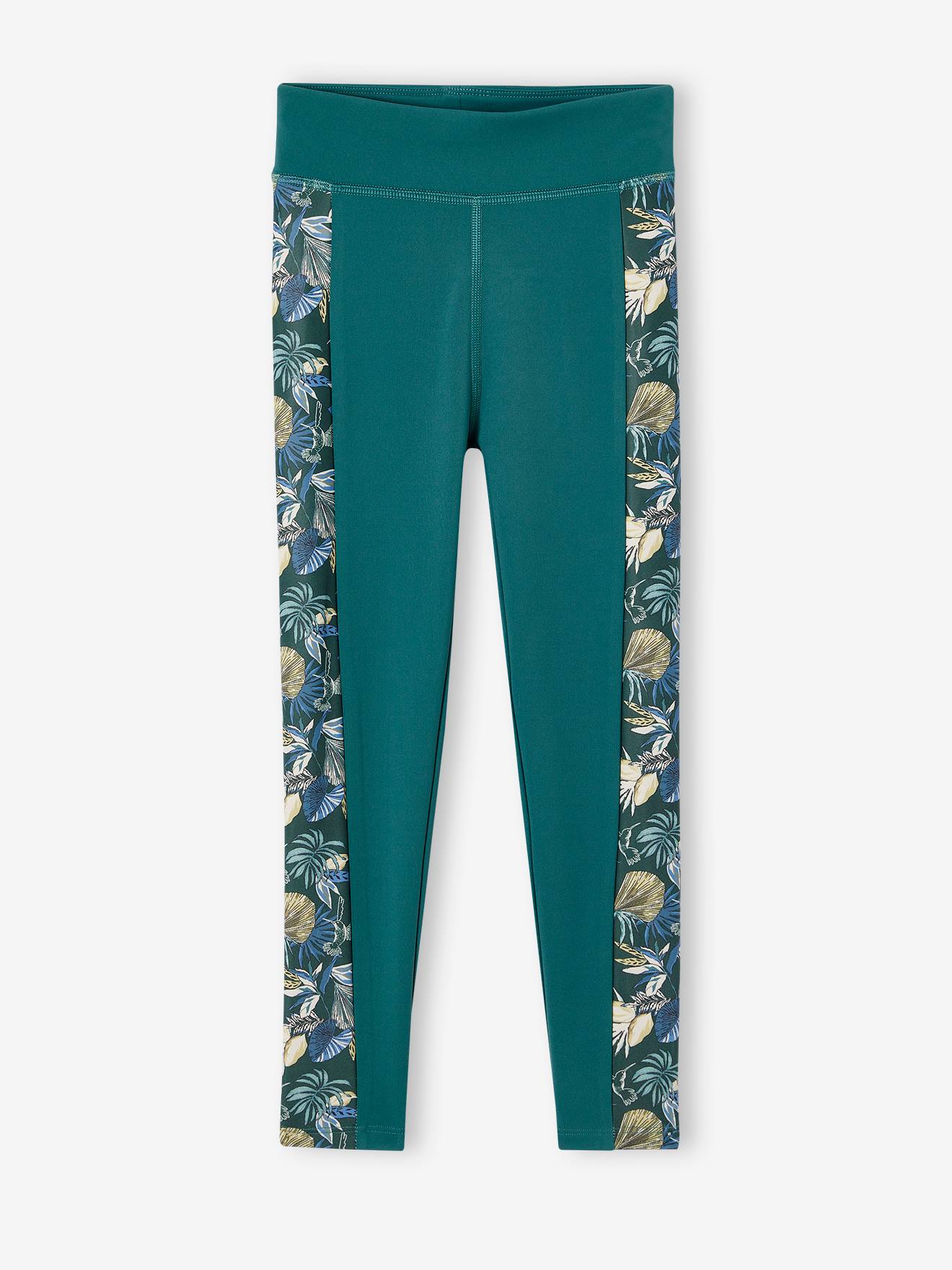 Sportlegging van technisch materiaal meisjes zijstroken exotische bloemen smaragdgroen