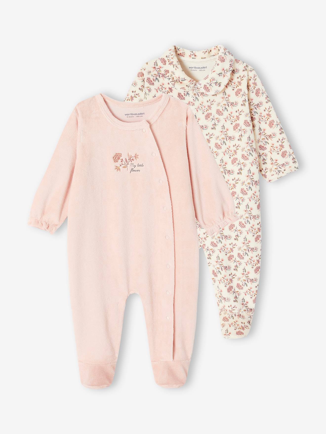 Set met fluwelen slaappakjes "petite fleur" meisjesbaby roze (poederkleur)