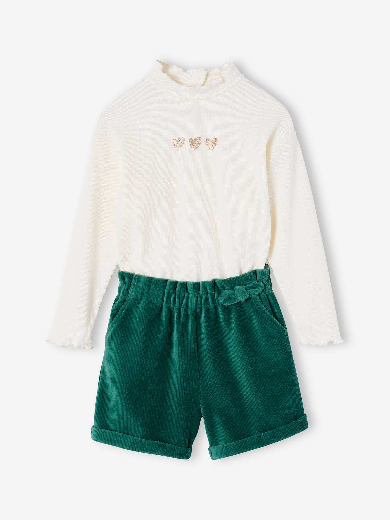 Meisjesset met shirt + fluwelen short groen