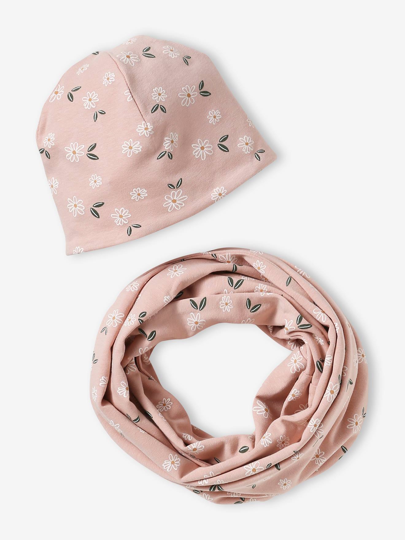 Gebloemde meisjesset muts + snood roze (poederkleur)