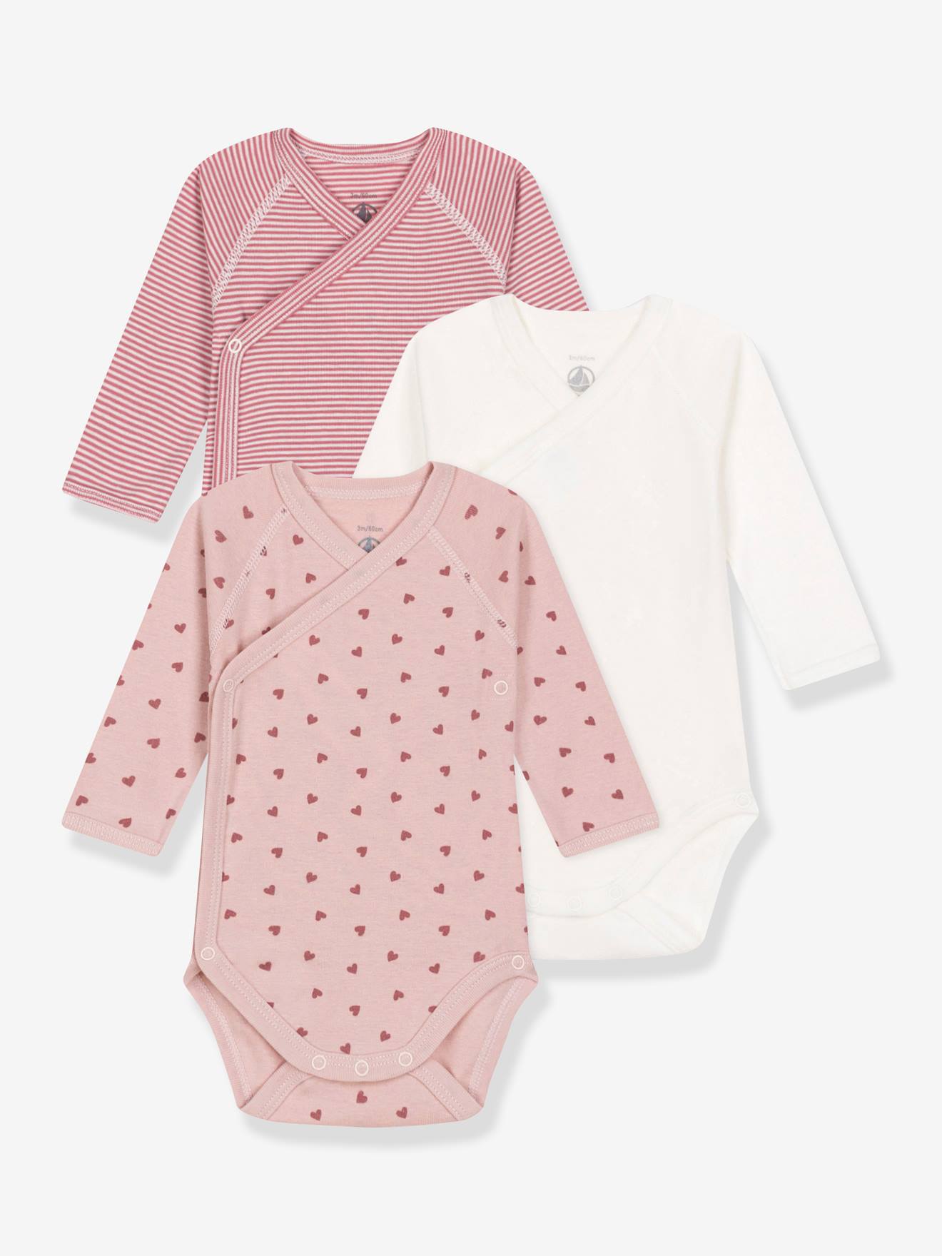 Set van 3 rompertjes met lange mouwen PETIT BATEAU rozenhout